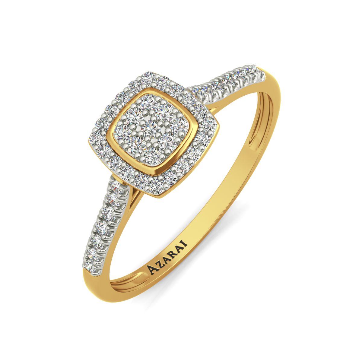 The Laurel 18kt gold engagement ring showcases a breathtaking square-shaped diamond cluster setting with intricate diamond detailing along the band, and it is elegantly inscribed with the word "AZARAI.