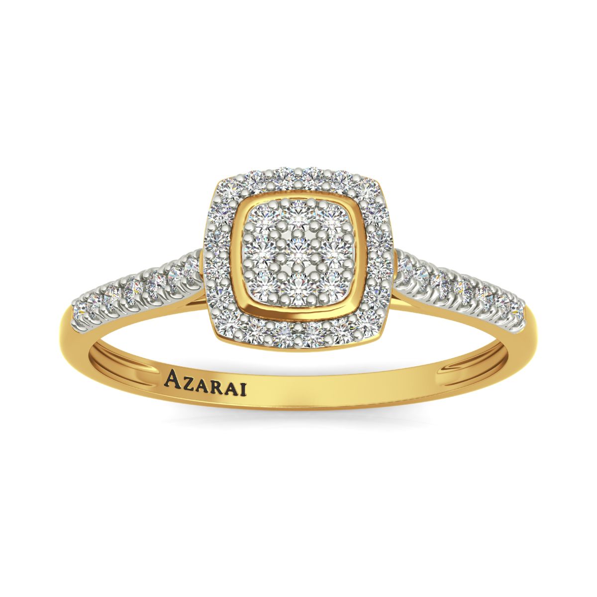 The "Laurel" 18kt gold engagement ring is a stunning piece featuring a rectangular cluster setting adorned with small diamonds, and a band also embellished with diamonds. The brand name "AZARAI" is elegantly engraved on the band, making this ring a symbol of timeless love.