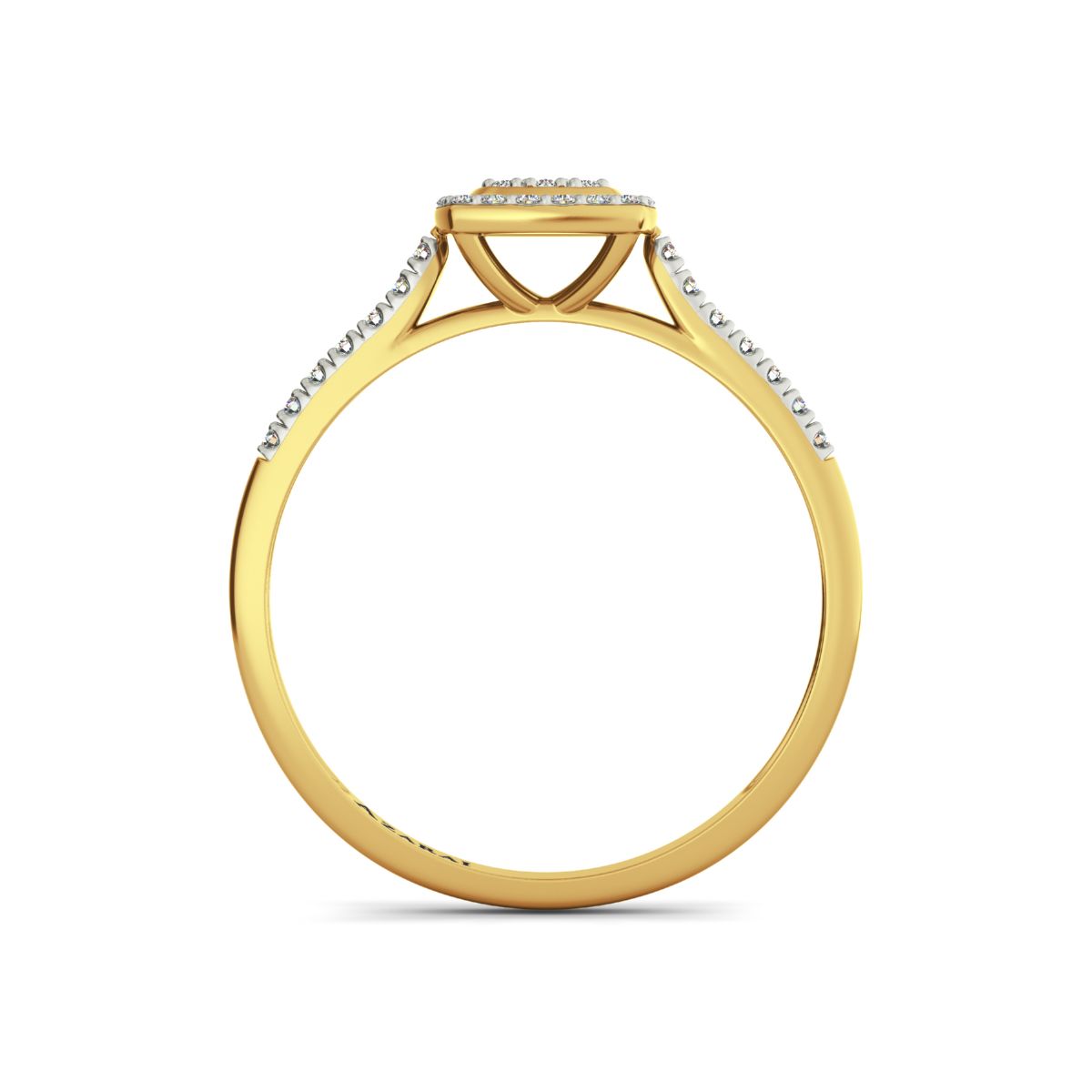 Side view of the Laurel 18kt gold engagement ring featuring a central oval diamond and smaller diamonds encrusted along the band.