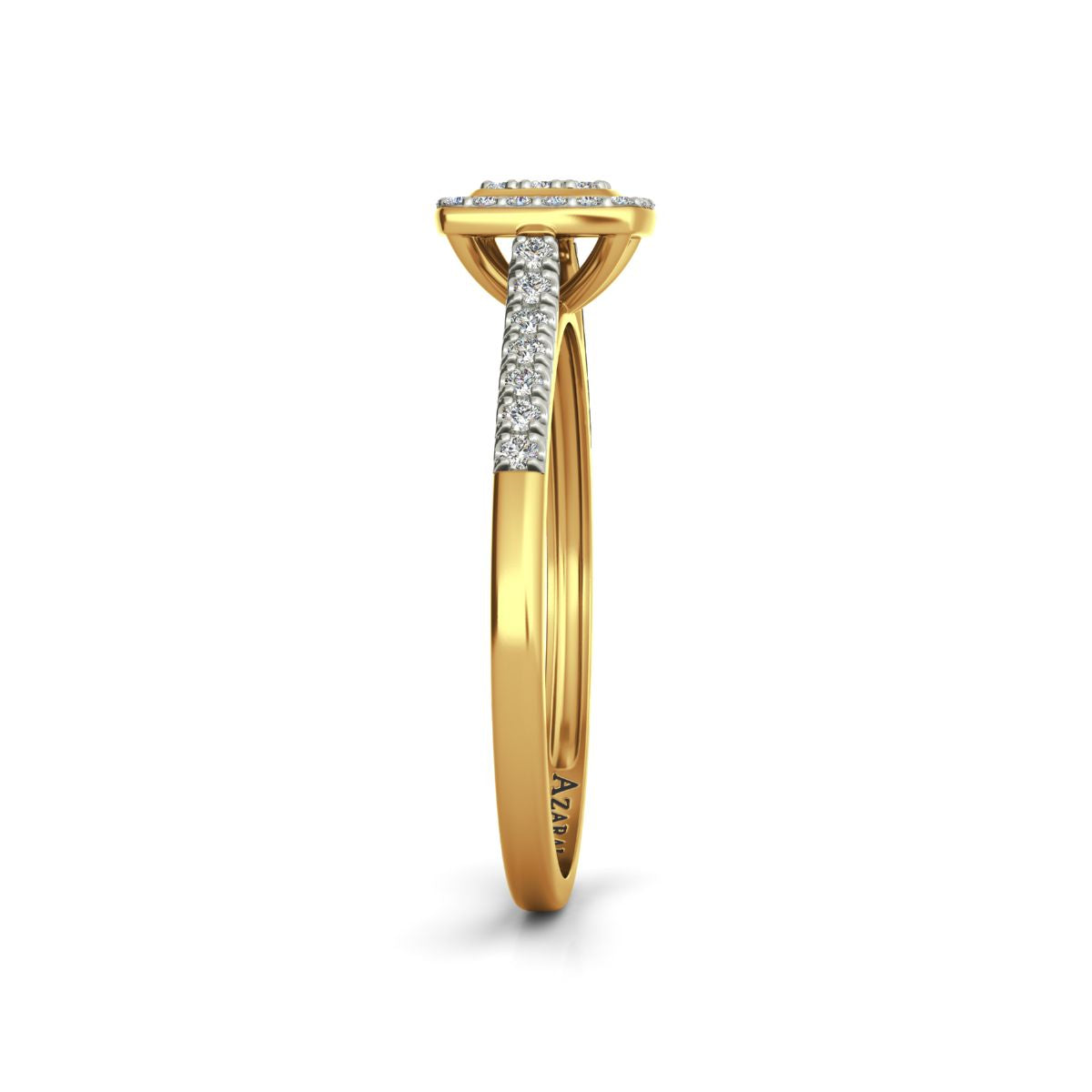 A Laurel 18kt gold engagement ring adorned with a row of small diamonds encrusted along the band and featuring an engraved marking "AZA14".