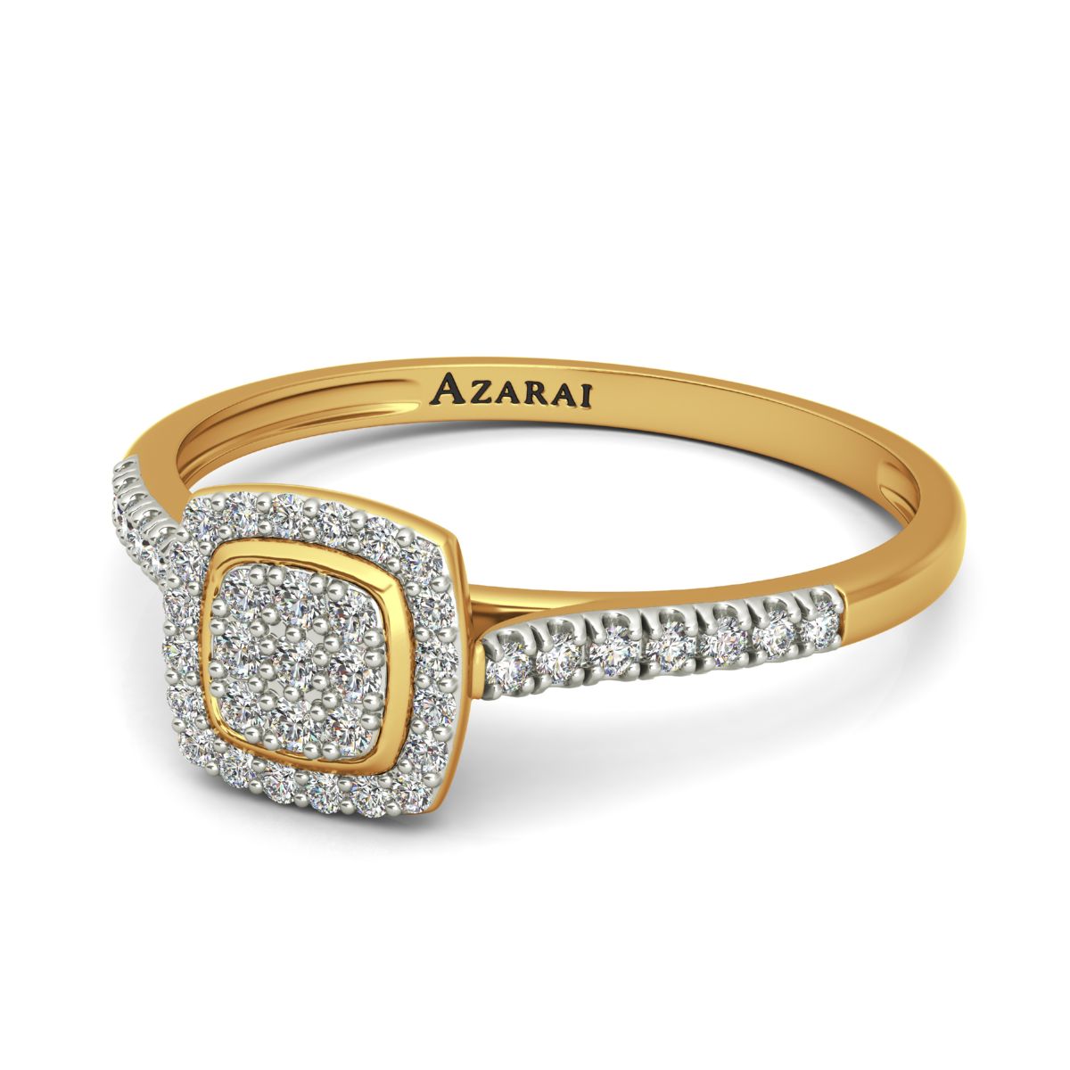 The Laurel 18kt gold engagement ring is a stunning piece, featuring the name "Azarai" engraved on the inner band, a square-shaped diamond-encrusted setting, and a diamond-studded shank, making it the perfect choice for an engagement ring.