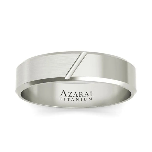 Laurent titanium wedding band for men, showcasing a sleek diagonal groove design and elegantly engraved with "Azarai Titanium.