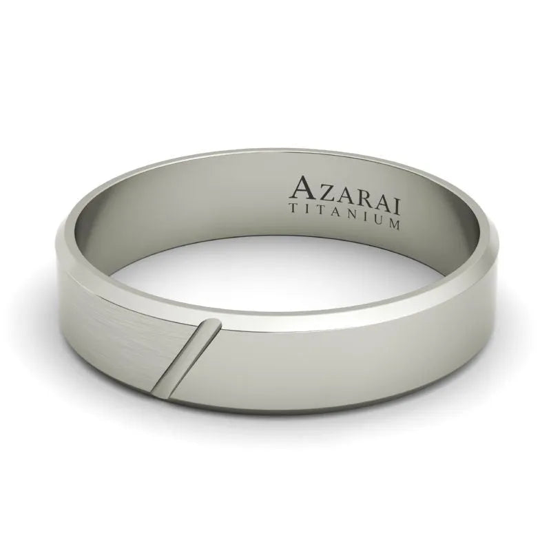 Laurent titanium wedding band for men, crafted in sleek silver titanium, featuring a grooved design with the interior engraving "Azarai Titanium.