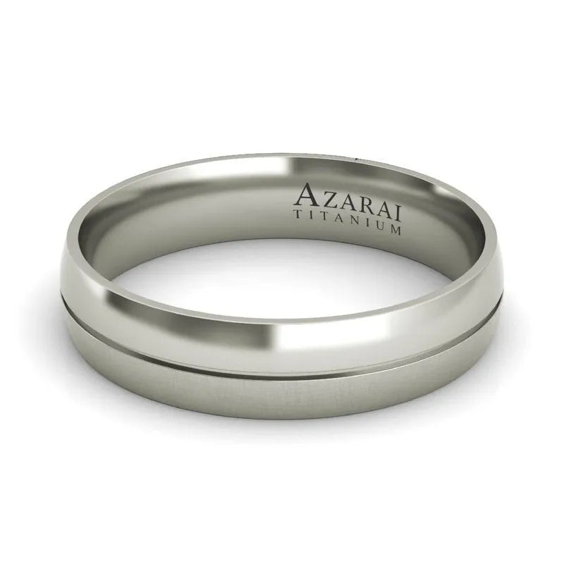 Madison titanium wedding band with "AZARAI TITANIUM" engraved inside, featuring a smooth, sleek design against a white background.