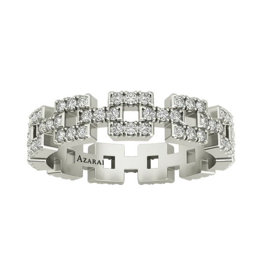 The Maya sterling silver wedding band, adorned with a geometric pattern and small diamonds, is now available on clearance.