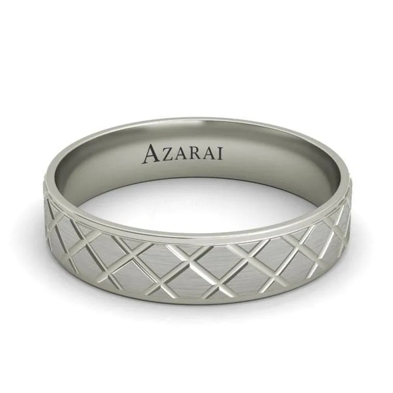 The Mitchell sterling silver wedding band for men features a crisscross pattern and "AZARAI" engraved on the inner surface, providing a touch of sophistication.