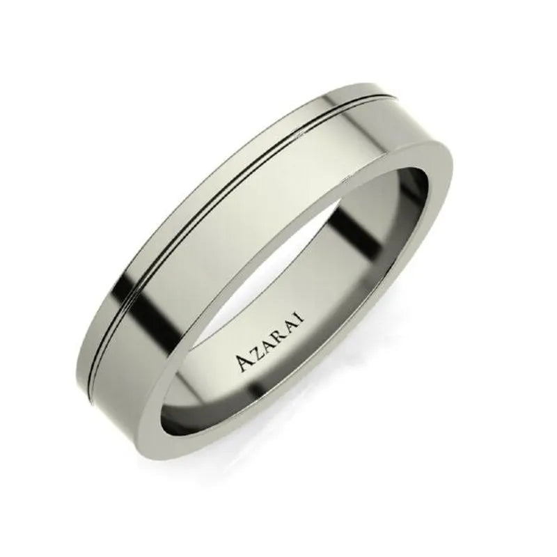 Nova titanium wedding band ON CLEARANCE with personalized engraving on a white background, final sale.