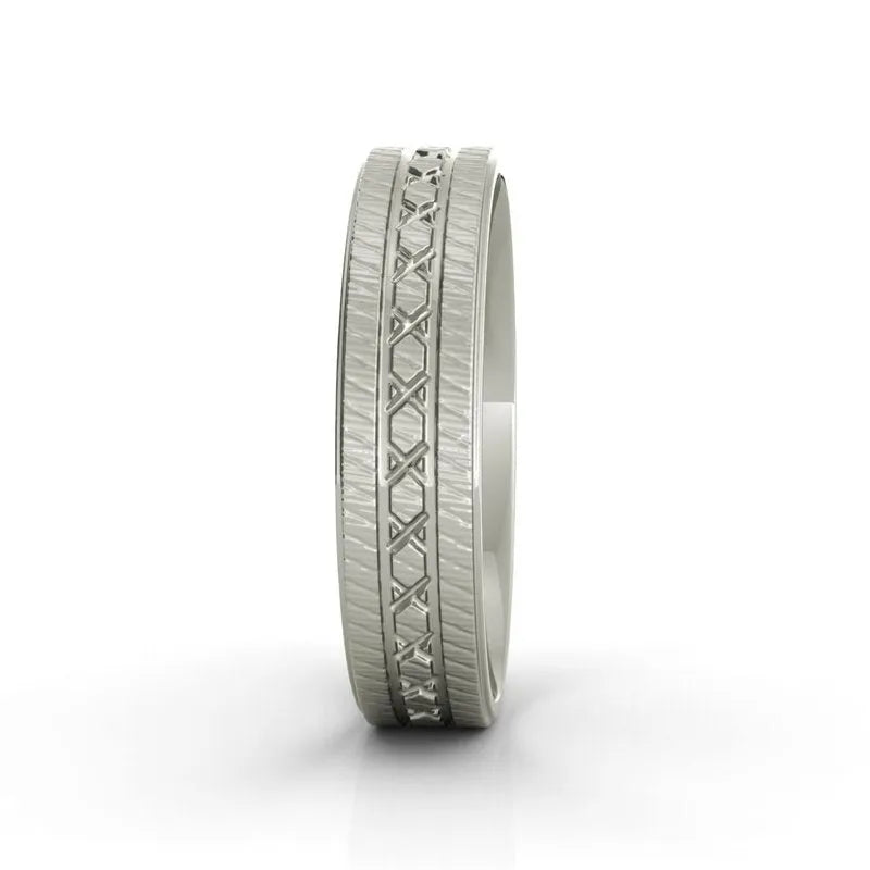 Parker sterling silver wedding band for men showcasing an intricate geometric pattern on the band, set against a plain white background.