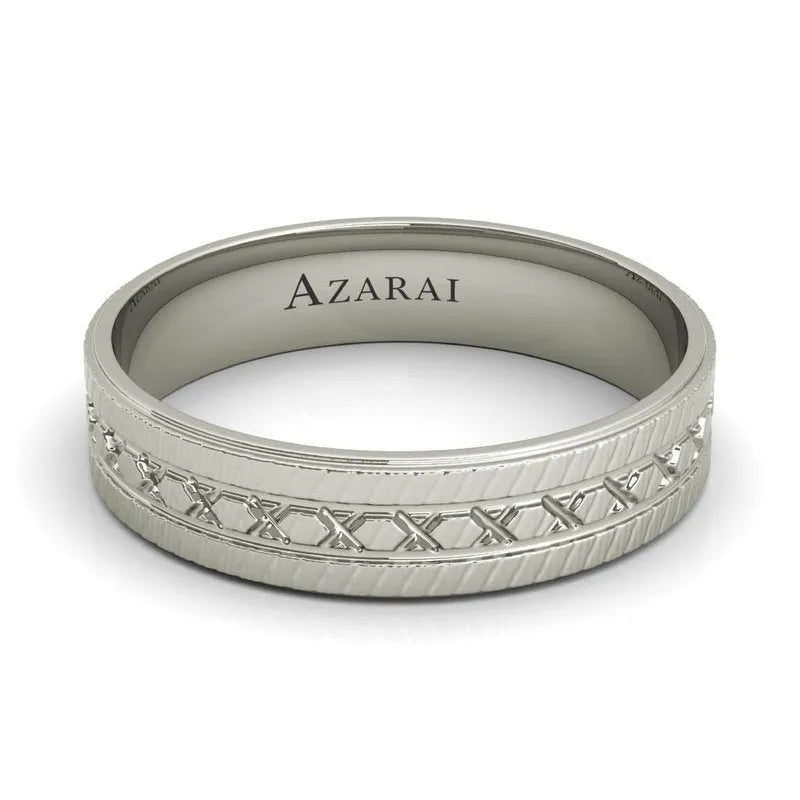 The Parker sterling silver wedding band features an engraved crisscross pattern and has "Azarai" inscribed inside, crafted as a men's wedding ring.