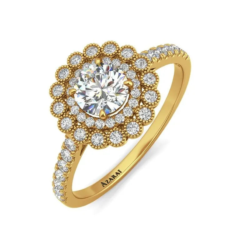 The Portia 9kt gold engagement ring showcases a breathtaking large central diamond, beautifully encircled by smaller diamonds in an elegant floral design. Accentuated with diamond details on the band, this exquisite ring captures timeless beauty and sophistication.