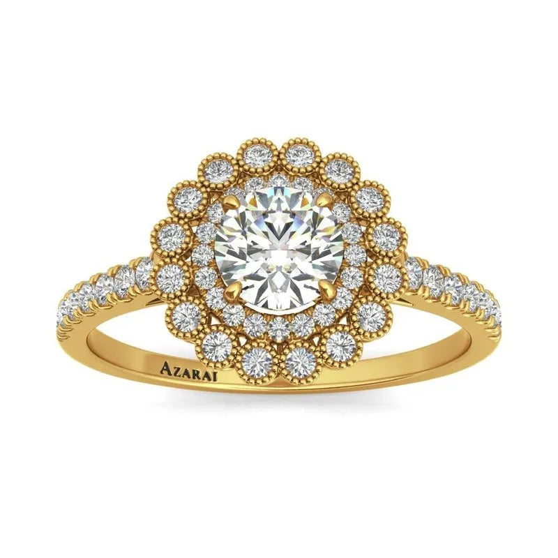 The Portia 9kt gold engagement ring showcases an exquisite band adorned with a prominent central diamond, gracefully encircled by smaller diamonds in a floral design. Additional diamonds embellish the band, amplifying its breathtaking charm.