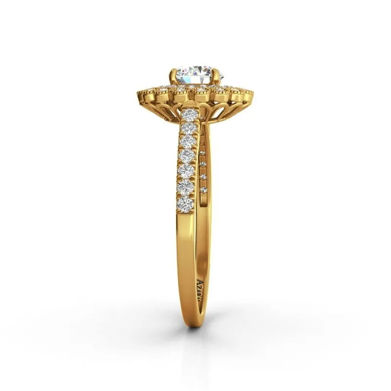 The Portia 9kt gold engagement ring showcases a prominent central diamond encircled by smaller diamonds along the band, elegantly displayed from the side.