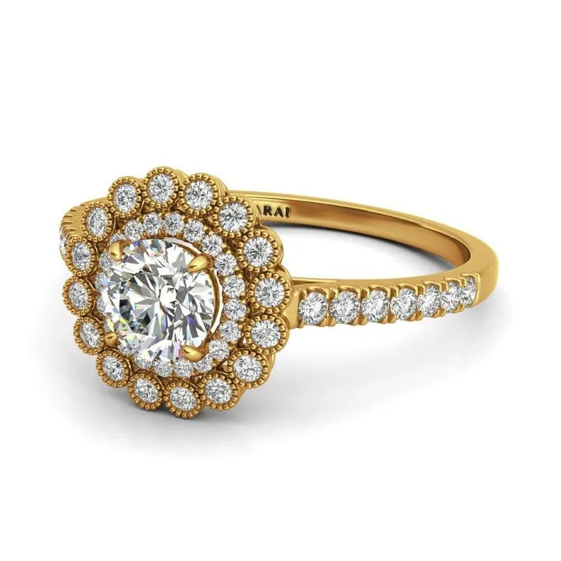 The Portia 9kt gold engagement ring boasts a breathtaking large central diamond, elegantly encircled by a double halo of smaller diamonds, with extra diamonds embellishing the band.