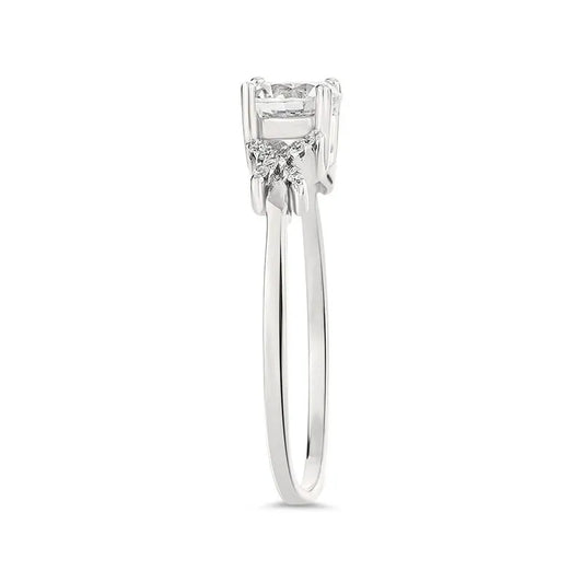 Elegant side view of the Rosetta sterling silver engagement ring, showcasing a square diamond center stone and two smaller diamond side stones.