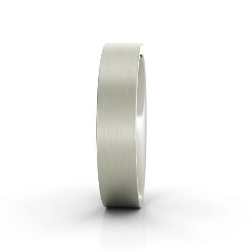 A Rowan titanium wedding band with a brushed silver finish and flat surface is showcased from the side against a white backdrop, now available on clearance.