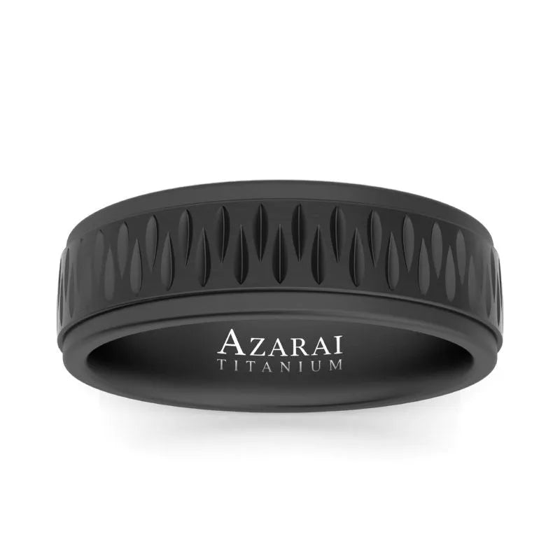 The Sable black titanium wedding band features an engraved pattern with "TITANIUM" elegantly inscribed on the inside, making it an ideal choice for a men's wedding band.