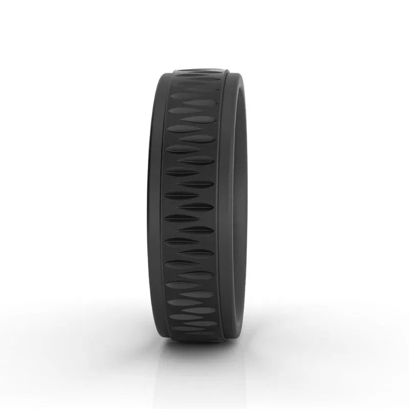 Sable black titanium wedding band with a textured zigzag pattern on the exterior, displayed on a white background.