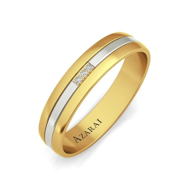 The Signia 9kt gold wedding band for men features a silver accent, three small diamonds, and is engraved with the word "AZARAI.