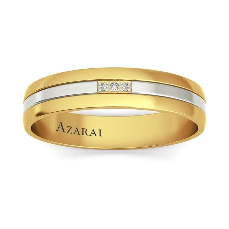 The Signia 9kt gold wedding band is elegantly designed with silver accents, features three small diamonds, and has the word "Azarai" engraved on the inside.