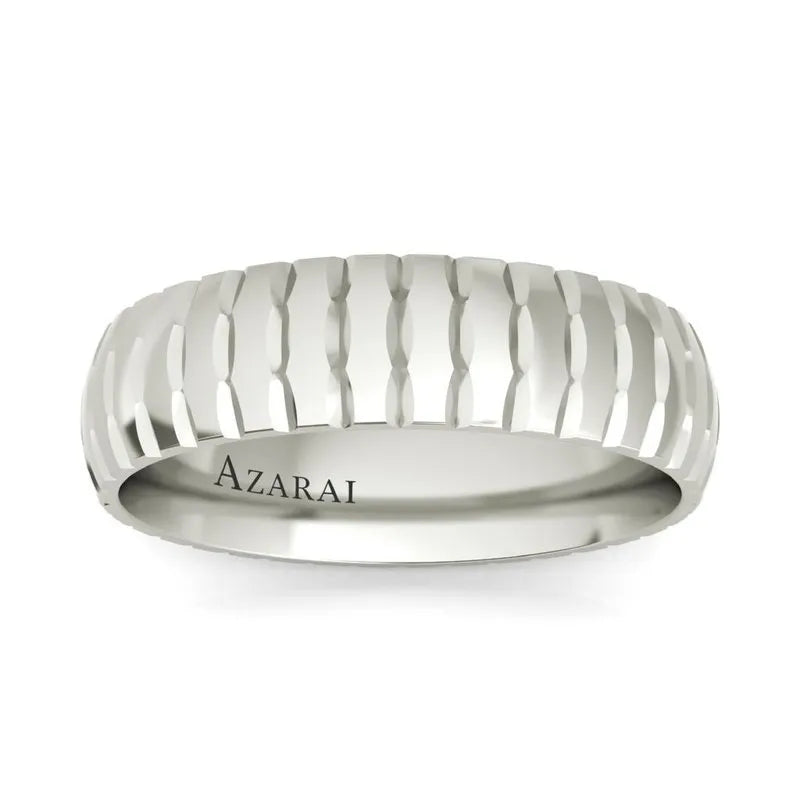 The Stafford sterling silver wedding band features a textured pattern and has "Azarai" engraved on the side, making it perfect for a sophisticated look.