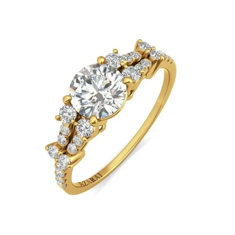 Introducing the Sweetheart 14kt Gold Engagement Ring, featuring a prominent round diamond center stone elegantly encircled by smaller diamonds along the band.