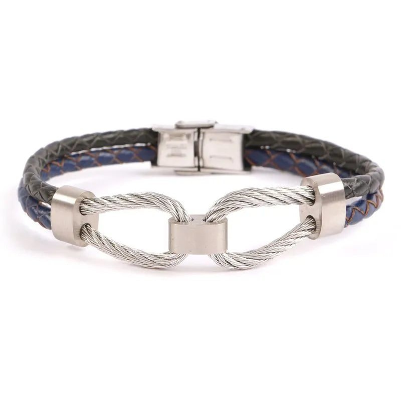 Volte leather and stainless steel men's bracelet with braided design and secure clasp closure.